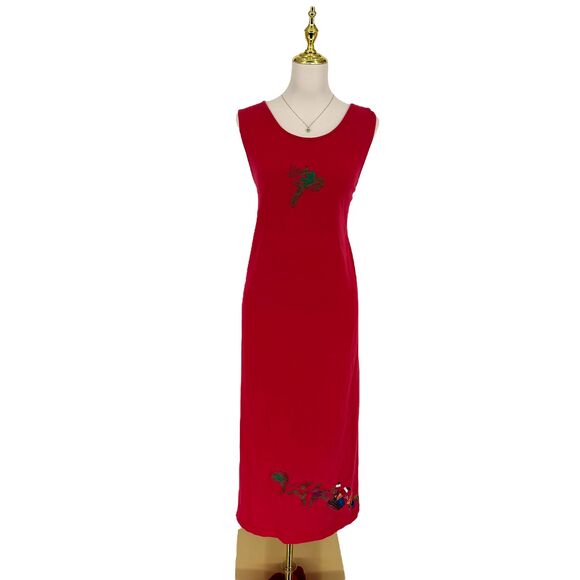 VTG Westbound Christmas Dress PLUS 1X Red Reindeer Santa Sleigh Cotton Back Slit - Picture 5 of 15